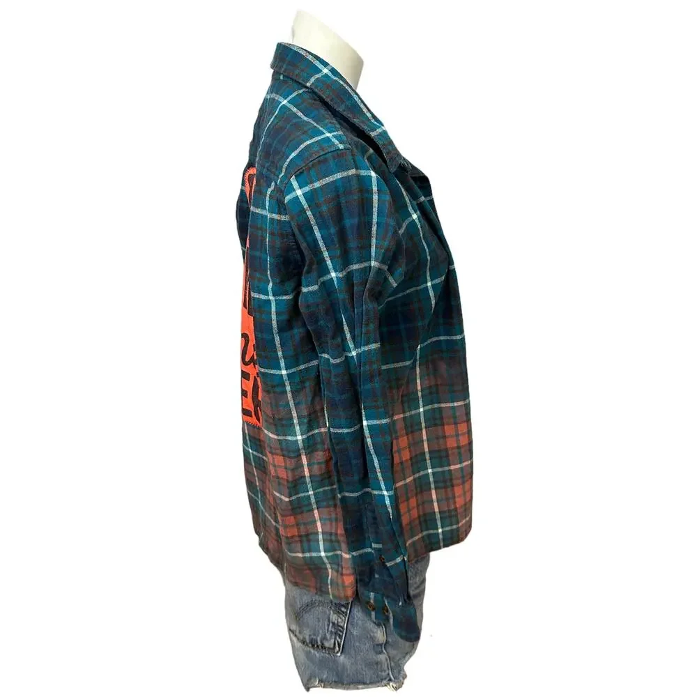 Run Now Wine Later Flannel Plaid Shirt SMALL Shacket Oversize Unique Upcycled - Picture 4 of 6